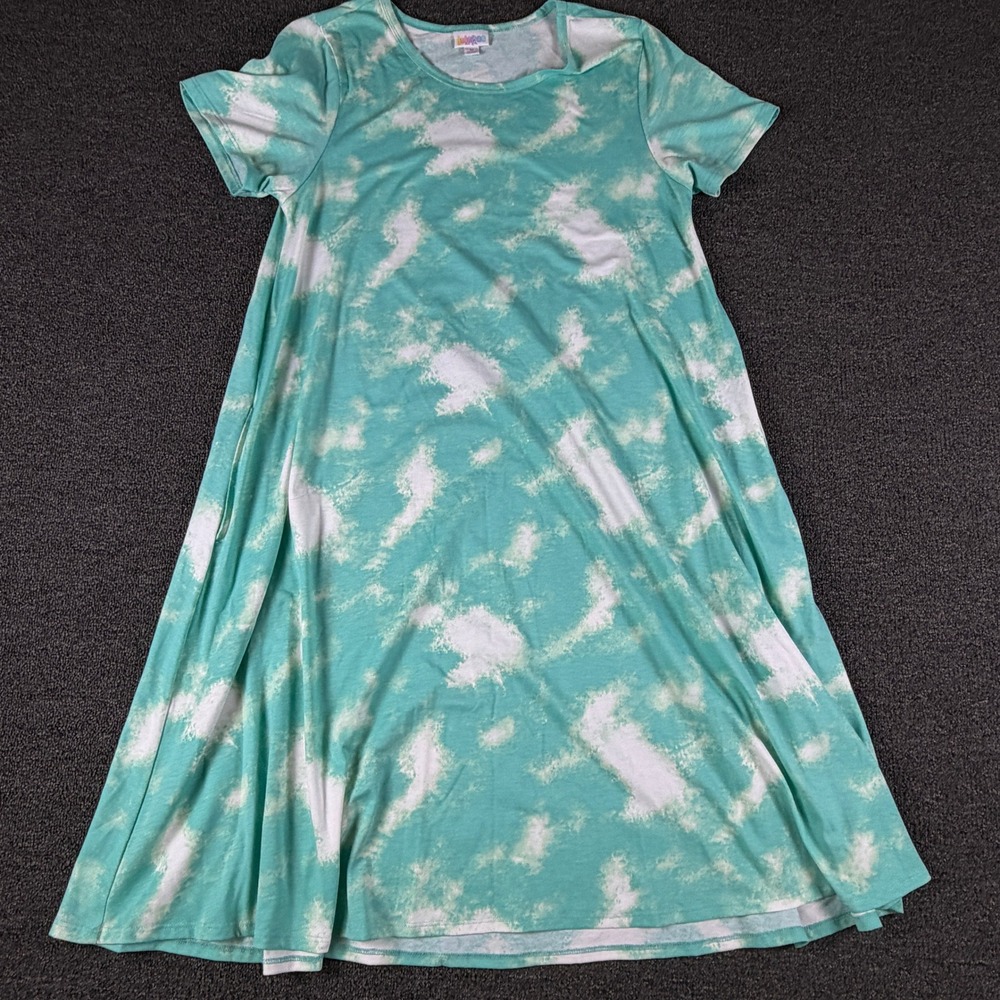LuLaRoe Dress Womens M Carly Teal Tie Dye Short Sleeve Swing EUC